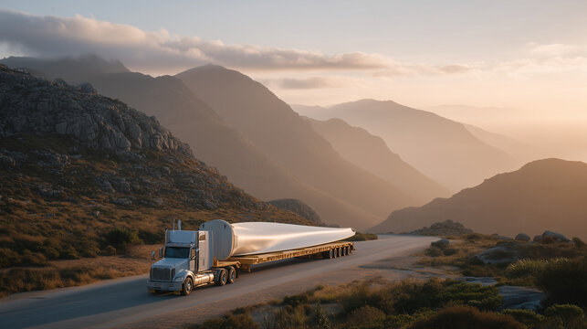 Flatbed truck carrying disassembled wind turbine blade through narrow mountain pass at sunrise, oversize cargo pilot vehicle ahead, wide load transport, industrial logistics challenge, renewable ene