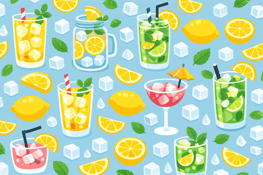 Seamless Pattern of Refreshing Summer Drinks, Cocktails, and Lemonade with Lemon Slices, Ice Cubes, and Mint Leaves. Flat Vector Illustration of Cold Beverages for Wallpaper or Textile Design.