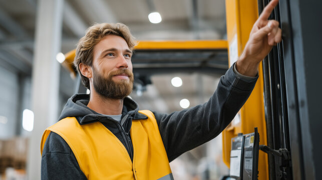 Warehouse operations manager pointing at blockchain-enabled shipment tracking dashboard mounted on factory floor wall, supply chain transparency, real-time inventory visibility, logistics technology