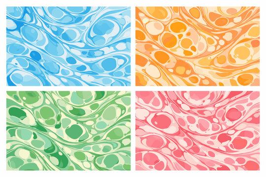 Set of 4 Watercolor Hand Drawn Artistic Marbling Textures, Traditional Turkish Ebru Ink Backgrounds for Invitation Design, Fluid Abstract Organic Shapes in Blue, Orange, Green, and Pink Colors.
