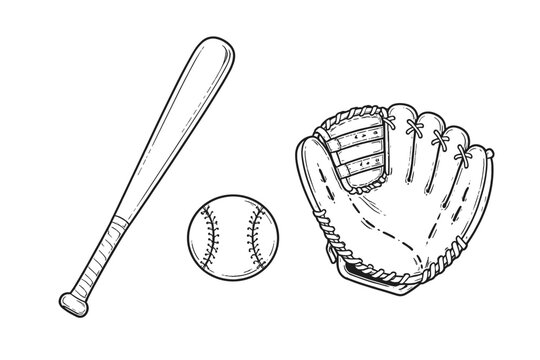 Hand drawn outline set of baseball equipment including a wooden bat, a leather mitt or glove, and a stitched ball, isolated vector illustration icons for sports design, hobby, and athletic branding.