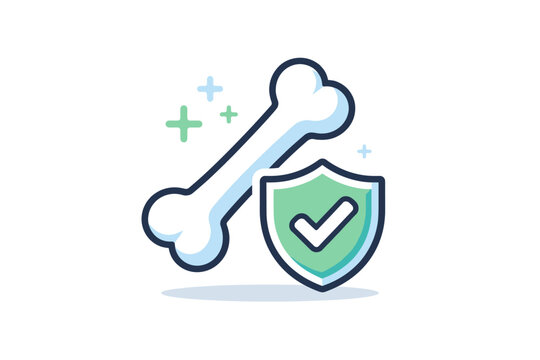 Bone Health Icon with Shield and Checkmark, Flat Vector Illustration of Strong Healthy Bone Protection, Calcium Supplement and Osteoporosis Prevention Concept for Medical and Healthcare Design