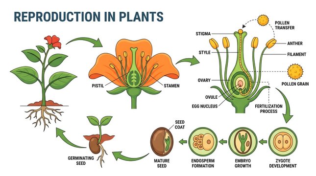 Detailed Colored Plant Reproduction Cycle Diagram Illustration with Labeling