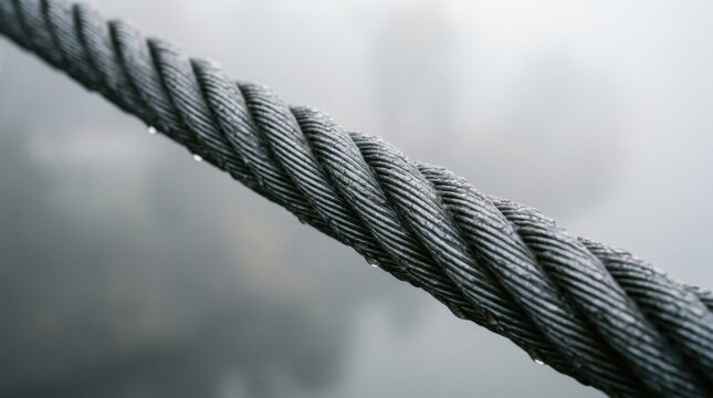 Close-up of a thick steel cable with a blurred background.