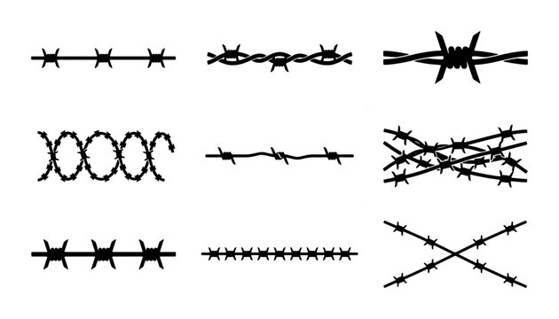 Barbed Wire Vector Elements, Sharp Spiky Security Borders, Industrial Fence Lines, Military Boundary Graphics, Protective Barrier Designs