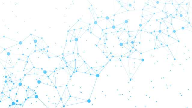 A dynamic abstract digital network on a clean white background, featuring interconnected blue nodes and lines, representing global data, technology, and communication concepts.