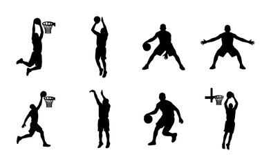 Basketball Player Silhouettes, Dynamic Action Poses, Dunking, Shooting, Dribbling, Sports Vector Icons for Athletic Design © Rony