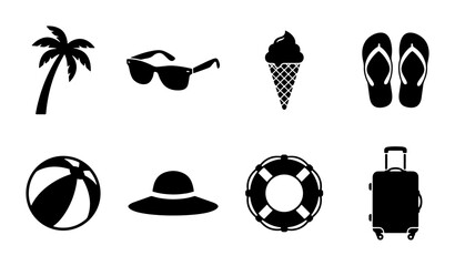 Summer Vacation Icons Set: Palm Tree, Sunglasses, Ice Cream, Flip-flops, Beach Ball, Sun Hat, Life Buoy, Suitcase Vector Graphics © Rony