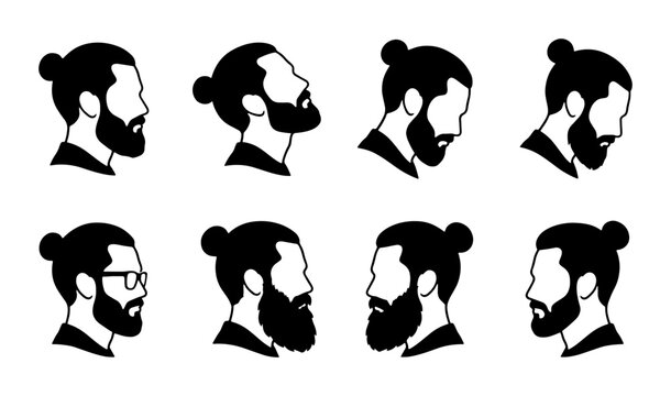 Man Bun Hairstyle Vector Icons, Bearded Male Silhouettes Set, Modern Grooming Styles, Diverse Profile Views, Minimalist Black and White Graphics