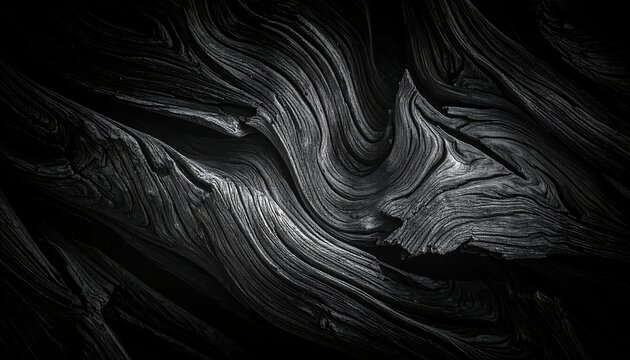 Close-up of intricately carved wood, with deep grooves and a swirling, textured surface. Light and shadow interplay
