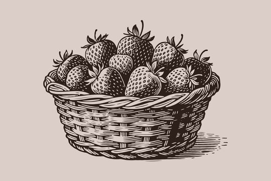 Woven basket filled with ripe strawberries, hand-drawn engraving style, on pale background, concept of harvest and organic produce