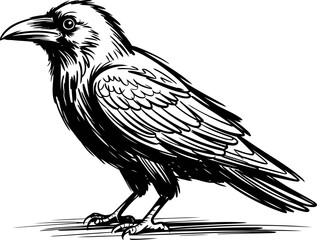 Obraz premium Detailed black and white illustration of a raven bird standing with intricate feathers and sharp beak, vintage