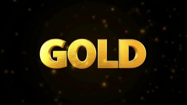 Shiny metallic GOLD text with brushed texture glowing on dark black bokeh background animation