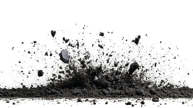 Dust and small rocks explode outward from a ground plane against a stark black backdrop