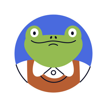 Cute funny frog character, head avatar in circle. Whimsical froggy animal, employee, round user profile. Amusing toad in shirt, face portrait. Flat vector illustration isolated on white background