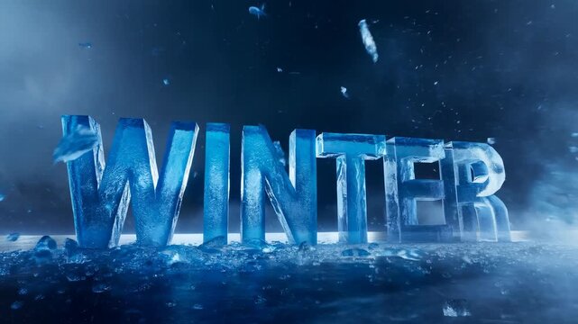 WINTER ice text with shattering frozen letters and flying ice shards on dark blue background cinematic animation