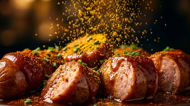 Close-up of delicious currywurst topped with a generous sprinkle of yellow curry powder, served on a dark background