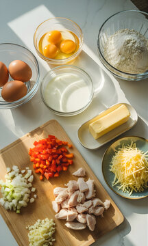 Ingredientes frescos para cocinar: huevos, harina, leche, mantequilla y verduras picadas con pollo sobre encimera blanca