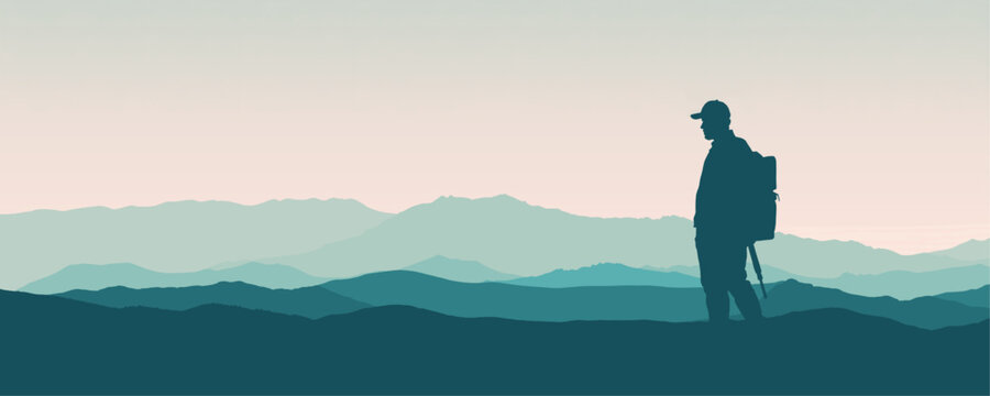Hiker Silhouette Teal Mountain Landscape Banner &ndash; Minimalist Vector Sunset with Backpacker, Layered Hills, Scenic Travel Adventure Background Illustration