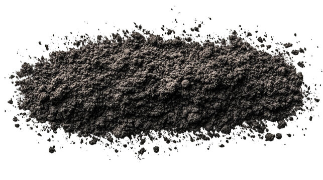 Isolated close-up of dark soil, speckled texture, against a stark black backdrop