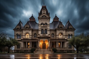 Obraz premium Grand victorian mansion standing under a moody sky with glowing windows reflected on wet ground