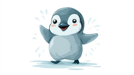 Obraz premium 65.Sweet penguin waving flipper, cartoon vector design, soft rounded edges, expressive eyes, pastel blue and gray tones, simple minimal details, playful mood, isolated clipart suitable for stickers