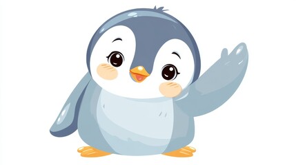 Obraz premium 65.Sweet penguin waving flipper, cartoon vector design, soft rounded edges, expressive eyes, pastel blue and gray tones, simple minimal details, playful mood, isolated clipart suitable for stickers