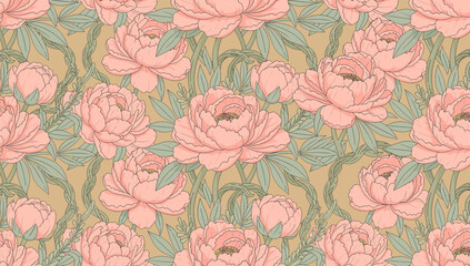 A delicate floral illustration featuring soft pink peonies and green foliage. Ideal for backgrounds, springtime themes, or adding a touch of elegance  © tordi