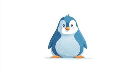 Obraz premium 64.Lovely penguin character sitting pose, simplified geometric shapes, bold clean contours, subtle gradients, charming facial features, modern flat vector illustration, children book style, white