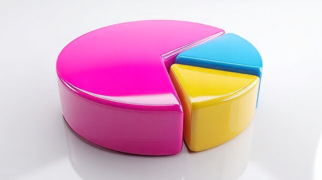 Colourful pie chart with three segments in pink, blue and yellow showing business data analysis and statistics on a white background, pie chart isolated on white, 3d pie chart, colorful pie chart