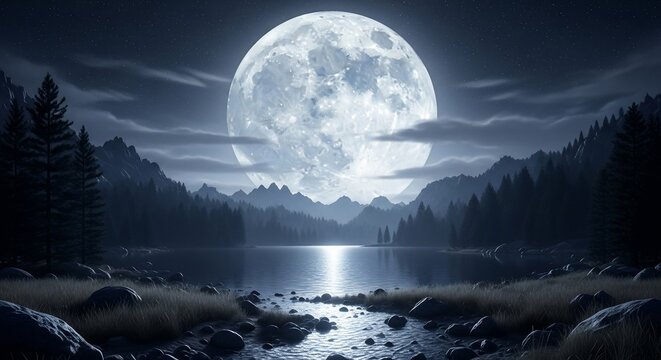 Night scene moon over lake