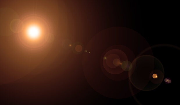 Real anamorphic sun lens flare effect isolated on black background. Optical light leak with artistic bokeh circles and horizontal beam for photo composite, film overlay, and abstract background design