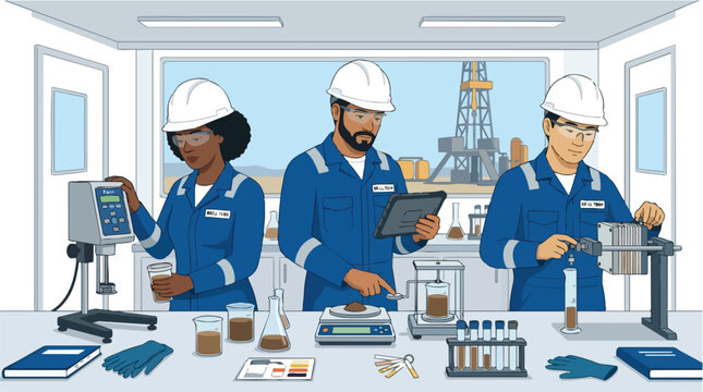 Diverse Oil Industry Professionals Conducting Laboratory Analysis with Oilfield Background Vector Illustration