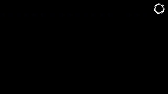 A motion graphic animation of a black screen with a loading wheel in top right corner, buffering, or progress indicator.