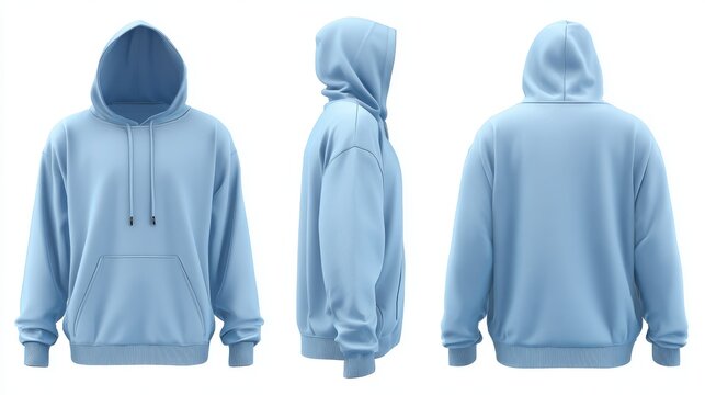 71.Baby blue hoodie vector illustration, flat yet detailed apparel design, visible pocket placement, neckline and hood depth, consistent lighting, front back side views, clean white background