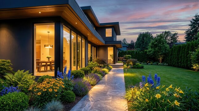 Modern residential house featuring an illuminated pathway through a rich garden at dusk.