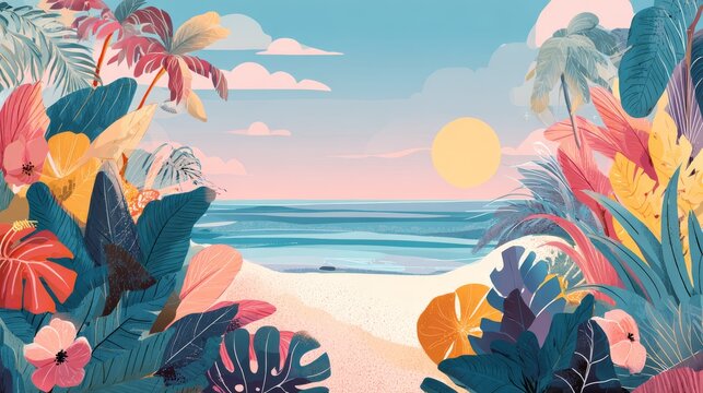 46.Vacation-themed beach background with colorful tropical foliage, sunny horizon, playful composition, flat editable vector style, lively and refreshing summer mood
