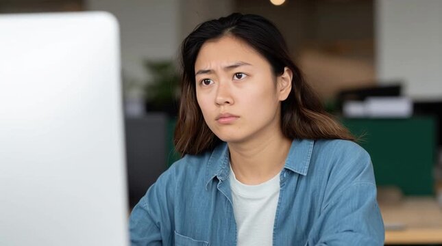 Quiet quitting. Worried Korean woman is unsure how to solve current task. Quiet cracking. Japanese worker is stressed