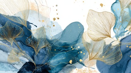 Fototapeta premium 78.Sophisticated abstract vector background, airy watercolor textures, flowing shapes, intricate golden line botanical details, minimal luxury aesthetic, clean artistic layout