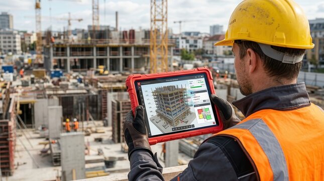 Construction worker using a tablet with a digital twin model to monitor a building site.