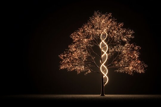 A conceptual glowing tree with DNA-structured branches, plain minimal background 