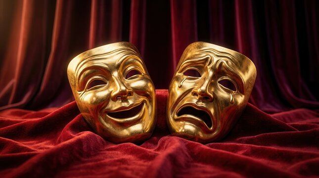 Two gold theatre masks representing comedy and tragedy on a red velvet curtain.