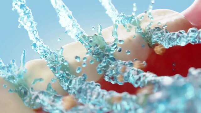 Close-up 3d animation 3d video cosmetic 3D health clean teeth oral hygiene of sparkling white teeth being rinsed with refreshing blue liquid water splashes and bubbles, advertising shot