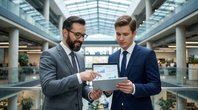 Two businessmen in suits analyze data on a tablet computer in a modern office building.