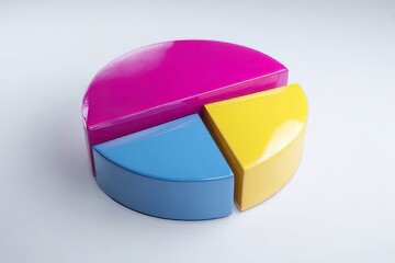 Obraz premium Colourful pie chart with three segments in pink, blue and yellow showing business data analysis and statistics on a white background, pie chart isolated on white, 3d pie chart, colorful pie chart