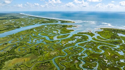 Naklejka premium Aerial coastal salt marsh landscape, winding river channels in green wetlands, panoramic view of ocean estuary and tidal flats