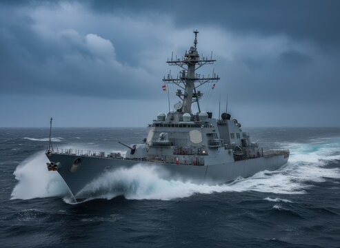 Arleigh burke guided missile destroyer sailing through rough seas