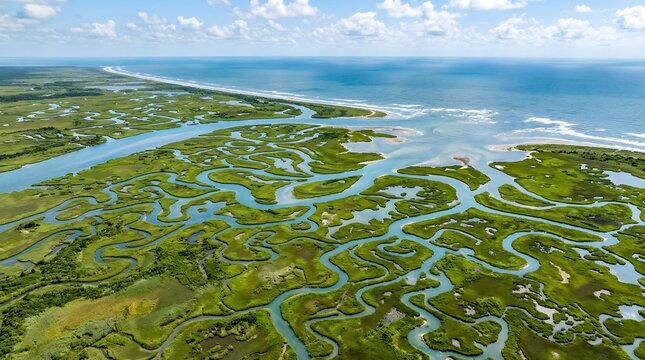 Aerial coastal salt marsh landscape, winding river channels in green wetlands, panoramic view of ocean estuary and tidal flats