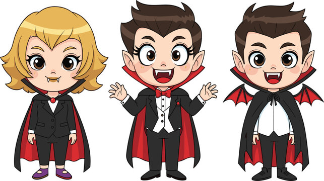 Three Cute Cartoon Vampire Characters &ndash; Girl and Boy Dracula Kids in Black Cape Halloween Illustration