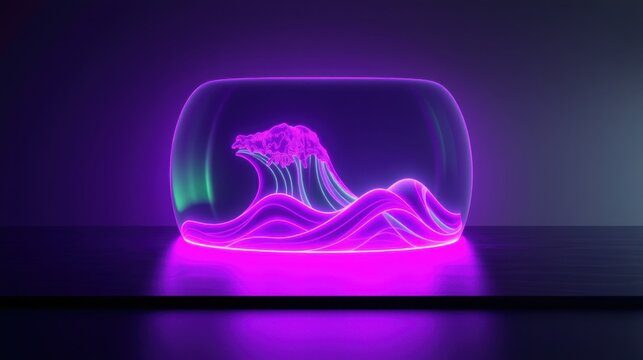 Neon wave inside glass dome. Dark background creates dramatic lighting effect. Modern digital art piece.